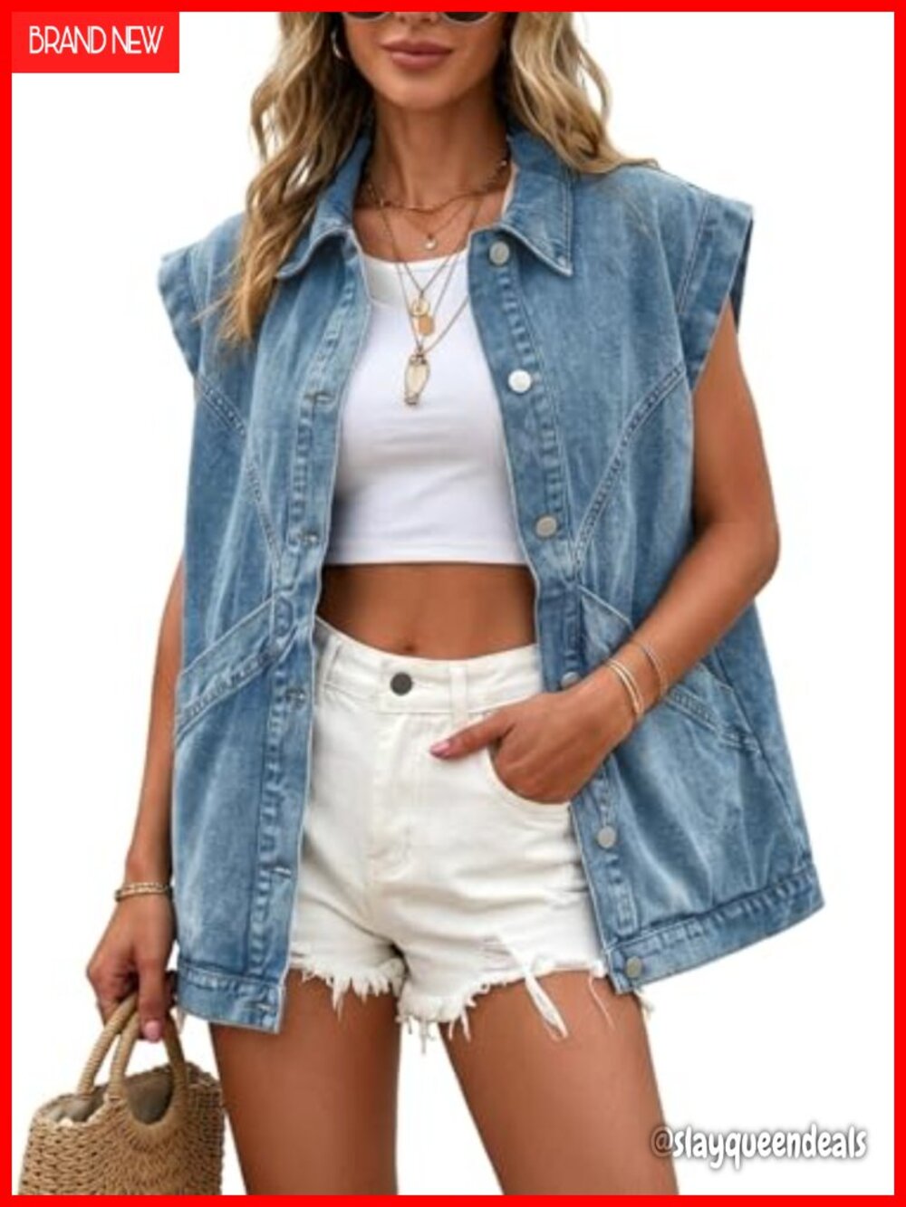 Oversized Denim Vest Sleeveless Button Down Lapel Jean Vest Huge Pockets